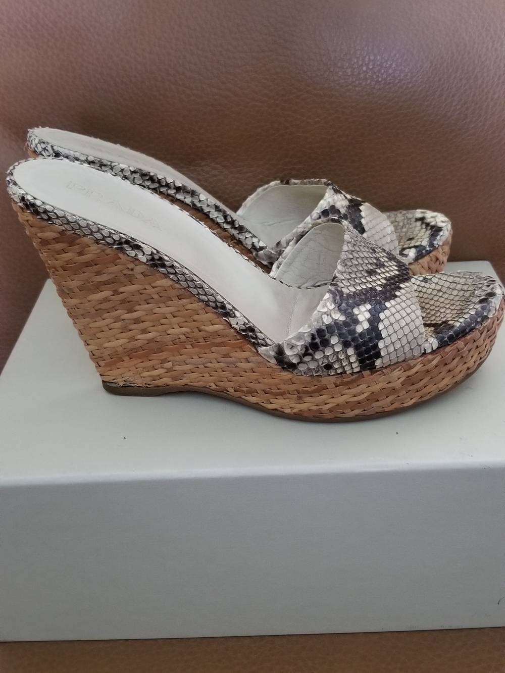 Prada Snake-Print Woven Platform Slide Sandals - White/Brown - Picture 2 of 8